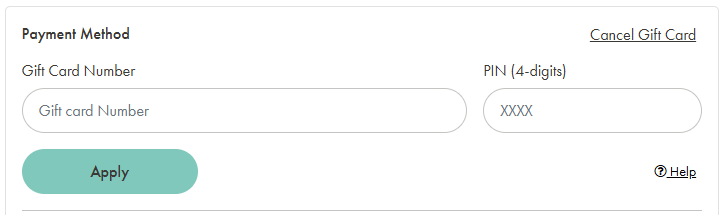 Gift card payment fields showing boxes to enter the gift card number and 4‑digit PIN, an Apply button, and a Cancel Gift Card link above the form