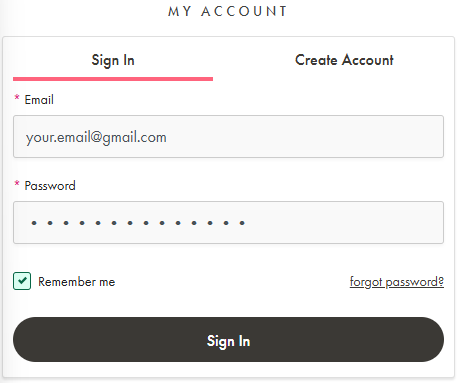 Form titled ‘My Account’ showing the Sign In tab with fields for email and password, a Remember Me checkbox, a Forgot Password link, and a Sign In button