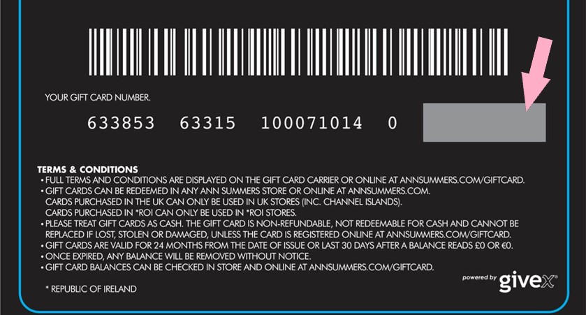 Back of an Ann Summers gift card showing the scratch‑off panel where the 4‑digit PIN is located